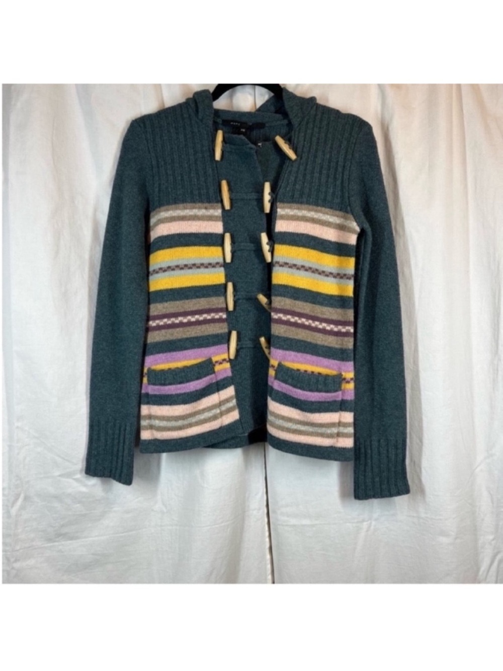 Marc Jacobs 100% lambs wool multi color striped hooded cardigan sweater